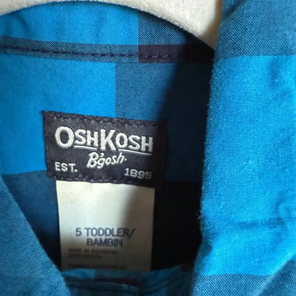 OshKosh Boys Shirt Sz 5T 5 Blue‎ Black Check Button Up Long Sleeve Cotton